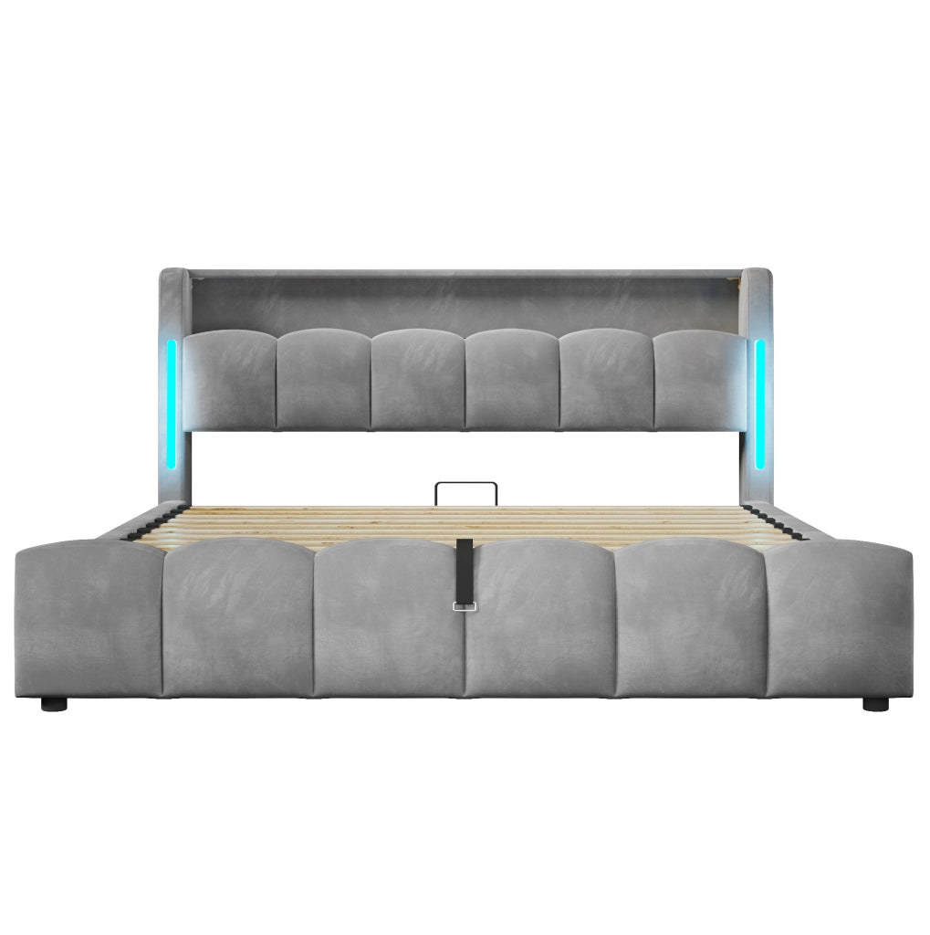 Letto contenitore 180x200 cm in velluto con LED, USB e testiera con vano