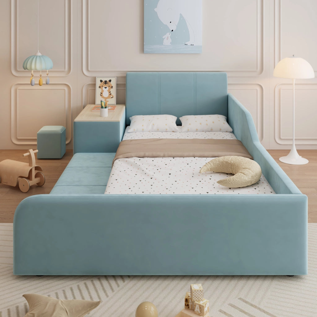 Letto imbottito blu 90x200 cm con scrivania laterale, sgabello e ripiani