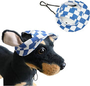 Pet per cani in cotone, rotondo, con orecchiera e protezione solare, blu a quadri, regolabile, adatto per viaggi all'aperto.