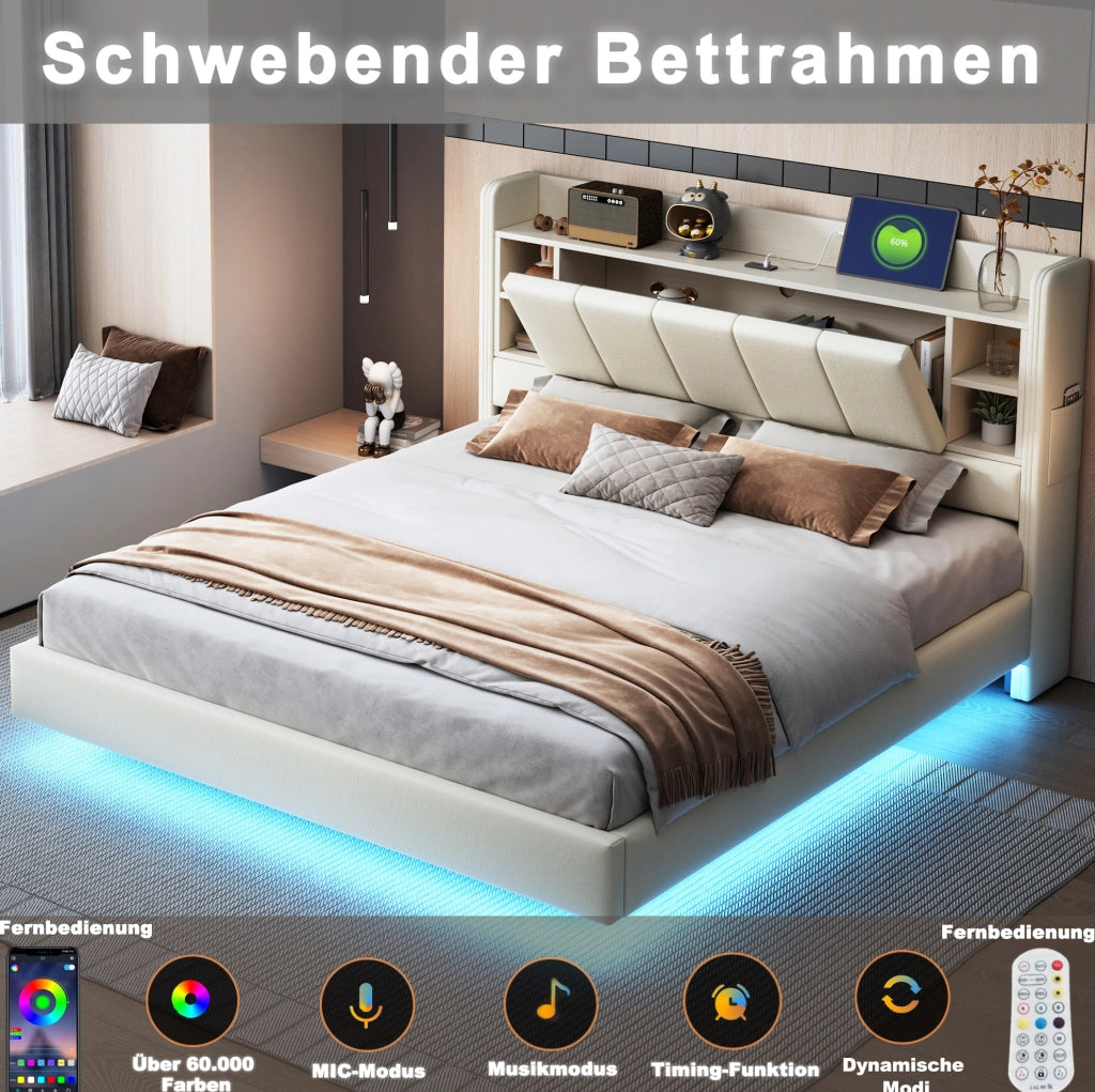 Letto matrimoniale imbottito 140x200 cm beige con LED e USB