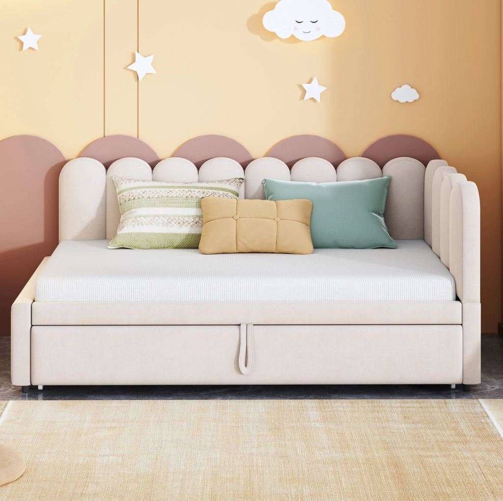 Divano letto 90x200 cm; estraibile a L in velluto; beige