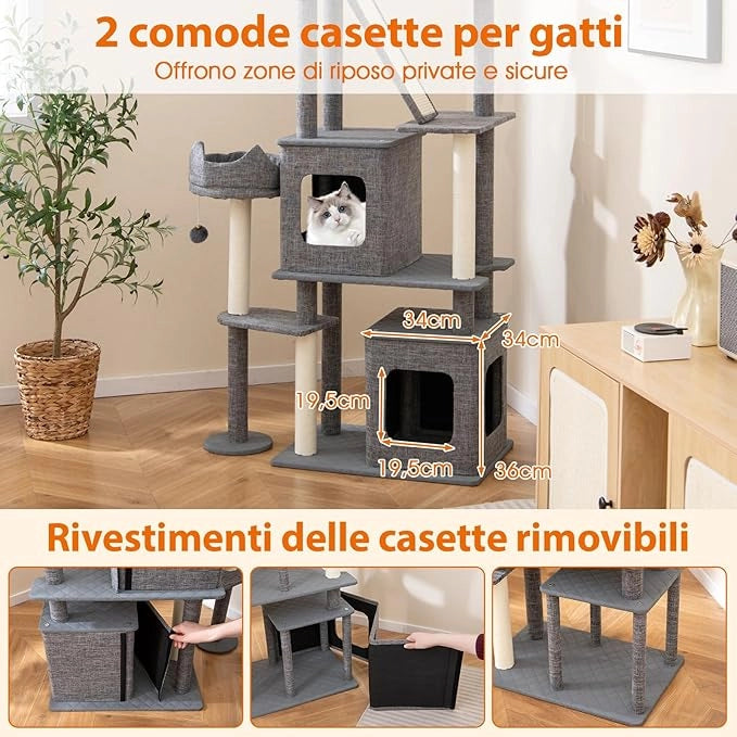 Tiragraffi per Gatto Alto 180 cm, Albero Tiragraffi Gatto con 8 Piattaforme, 4 Pali Sisal e 2 Palline Pompon, Torre Tiragraffi per Gatti con 2 Condomini Rimovibili, Grigio