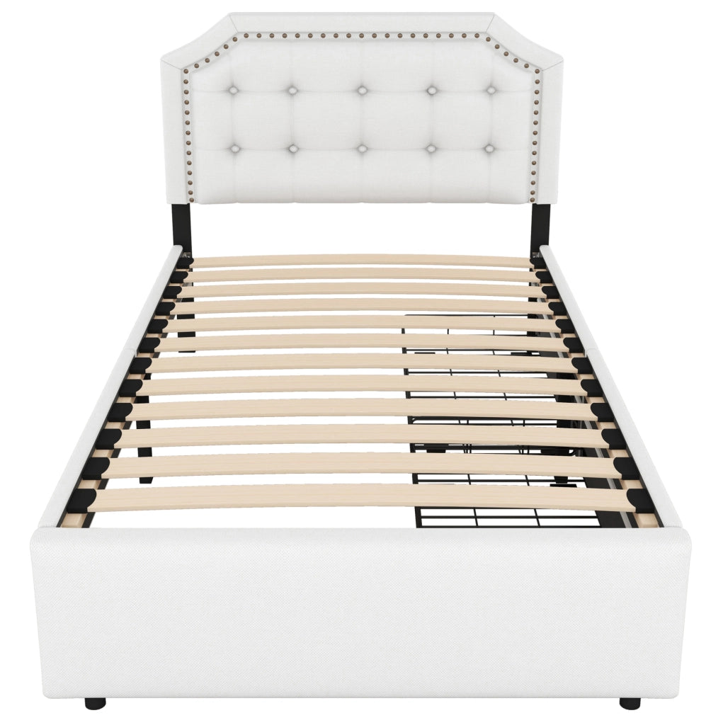 Letto imbottito 90 x 200 cm con 2 cassetti; testiera regolabile; MDF e lino; beige chiaro