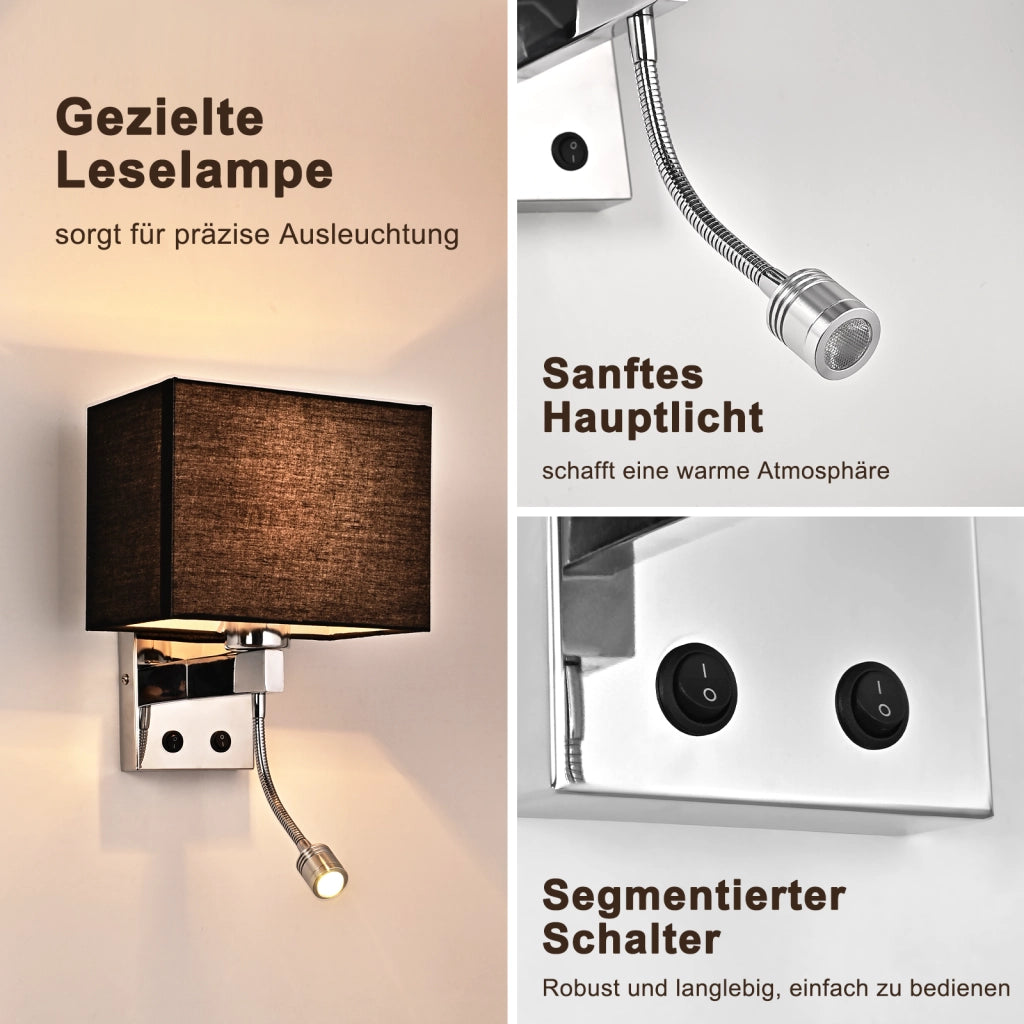 ZMH Lampada da Parete per Camera da Letto Nera Orientabile con Paralume Tessuto LED E27 Interruttore per Corridoio Letto