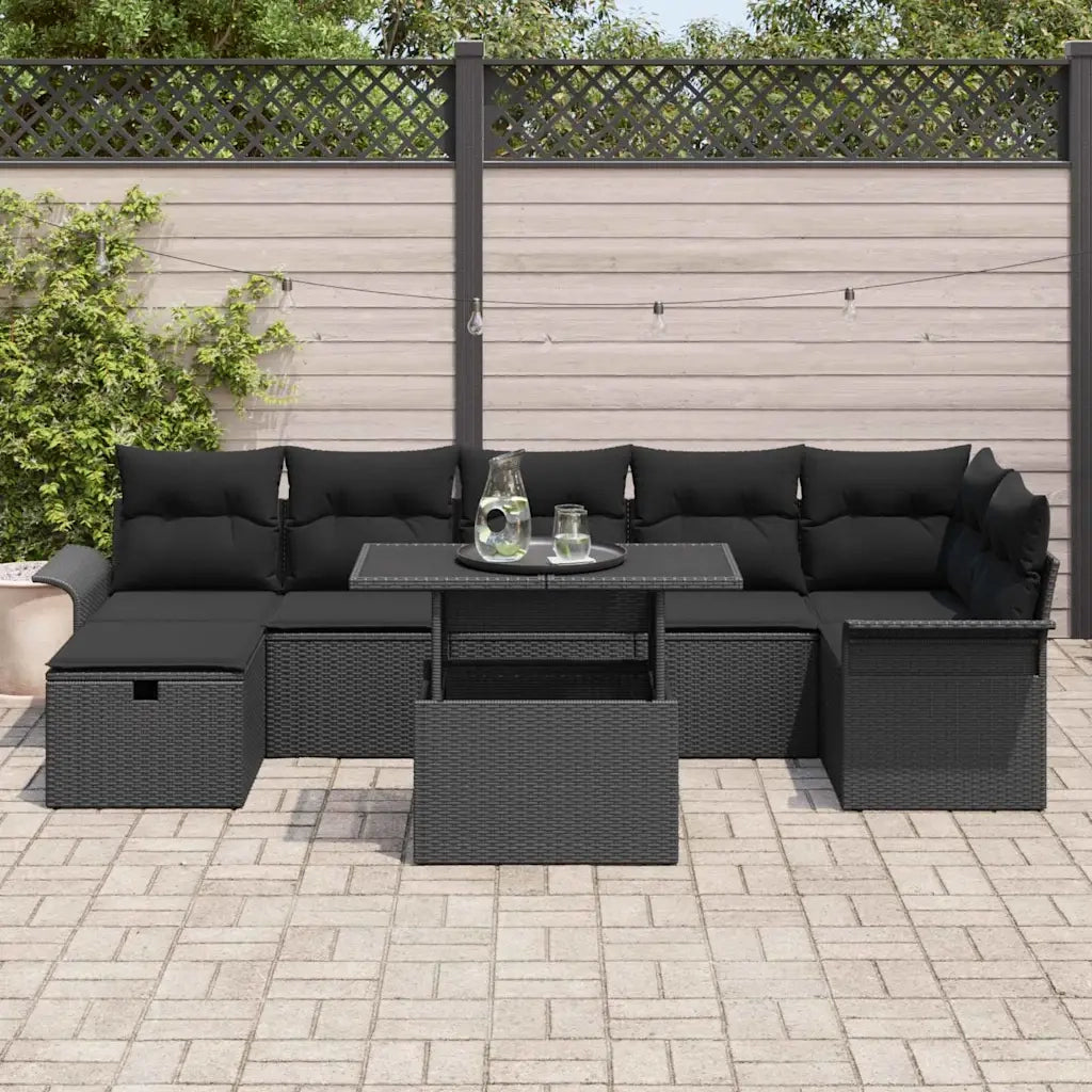 Set Divano da Giardino con cuscino 8 pcs Nero Poly Rattan