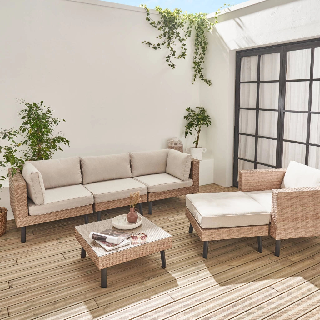 Salotto da giardino in resina intrecciata piatta, 5 posti, beige