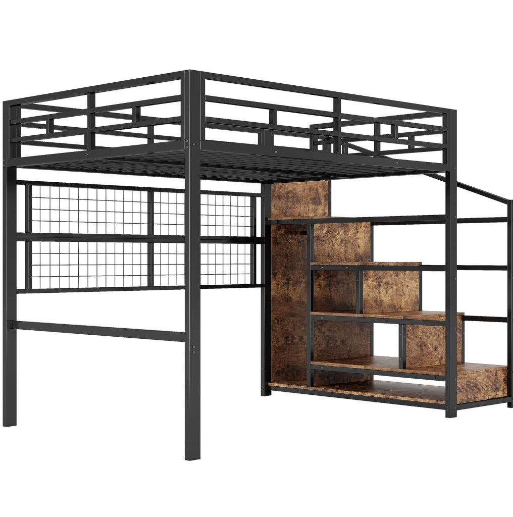 Letto a soppalco 140x200 cm; struttura robusta; scala guardaroba; metallo; nero; (Senza materasso)