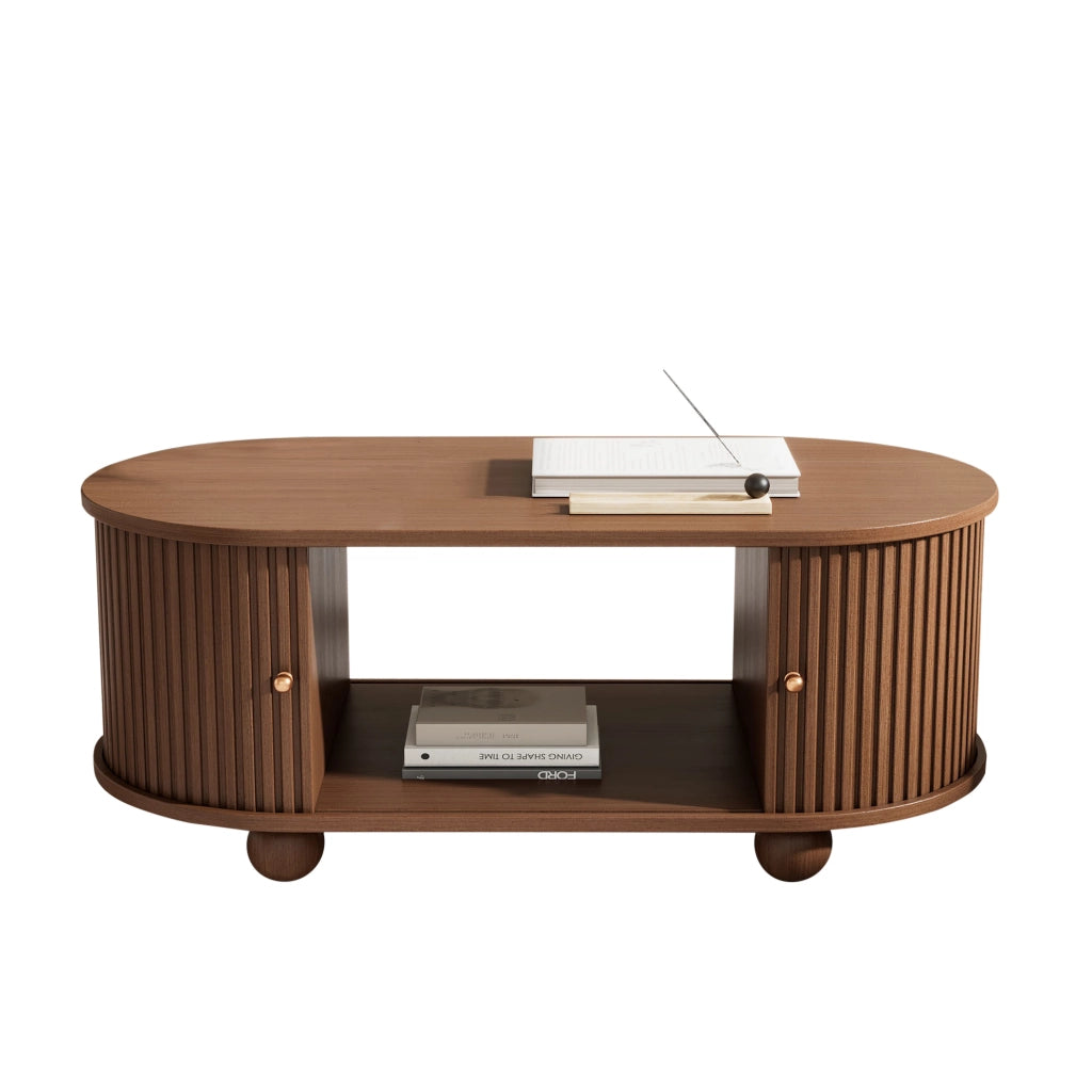 Tavolino da caffè ovale in MDF 100x50x40 cm con porta scorrevole e contenitore; noce