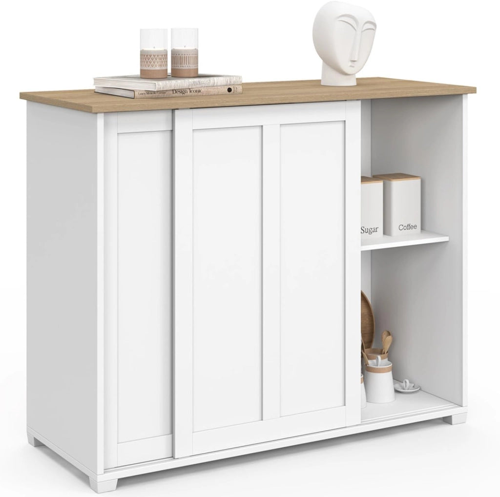Credenza JANGO 100 cm con 2 ante scorrevoli bianche e piano in legno