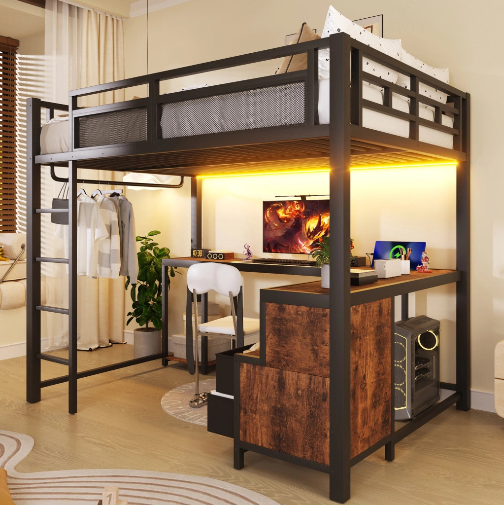 Letto a soppalco 140x200 cm con scrivania; LED e porta USB in metallo e legno nero