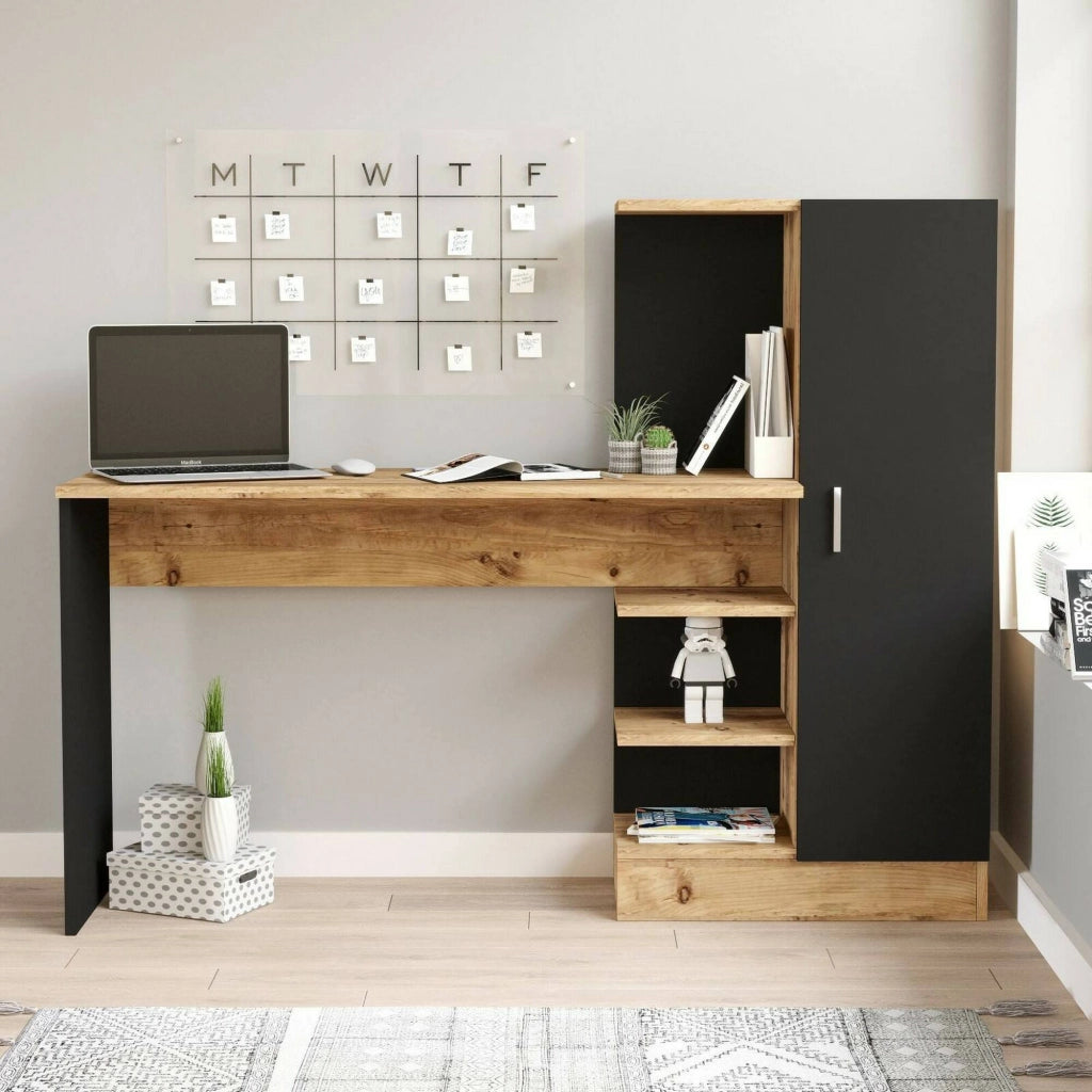 Scrivania Angaga, Scrittoio multiuso, Tavolo per ufficio porta PC, Piano di lavoro, 152x40h120 cm, Quercia e Nero