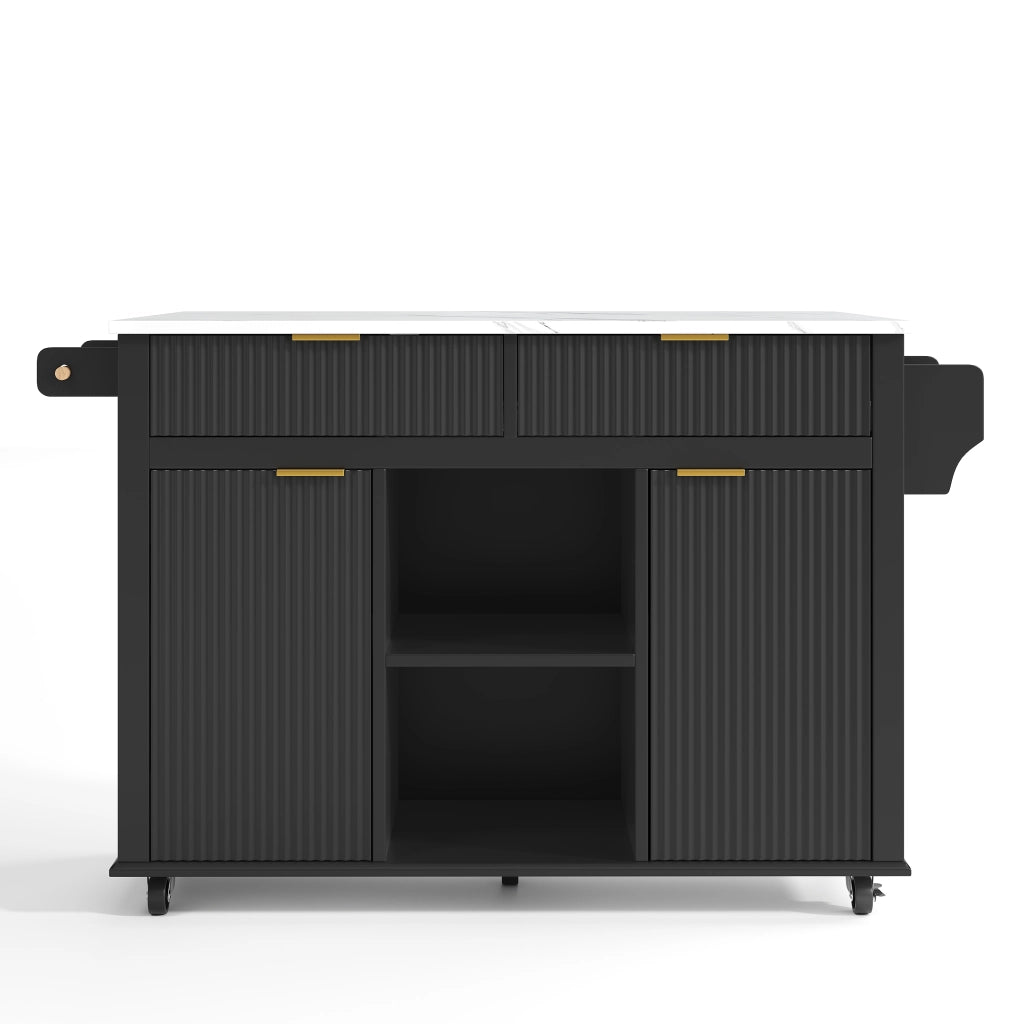 Isola da cucina su ruote 143 x 45/69 cm con piano ribaltabile, 2 cassetti, 2 ante e porta-spezie, finitura Nero/Naturale