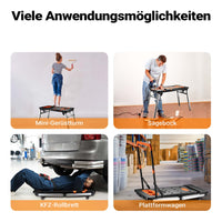 Banco da lavoro pieghevole 7 in 1, multiuso, cavalletto, impalcatura, carrello sotto auto, carrello a mano, con ruote, 108,5 x 55 x 52 cm