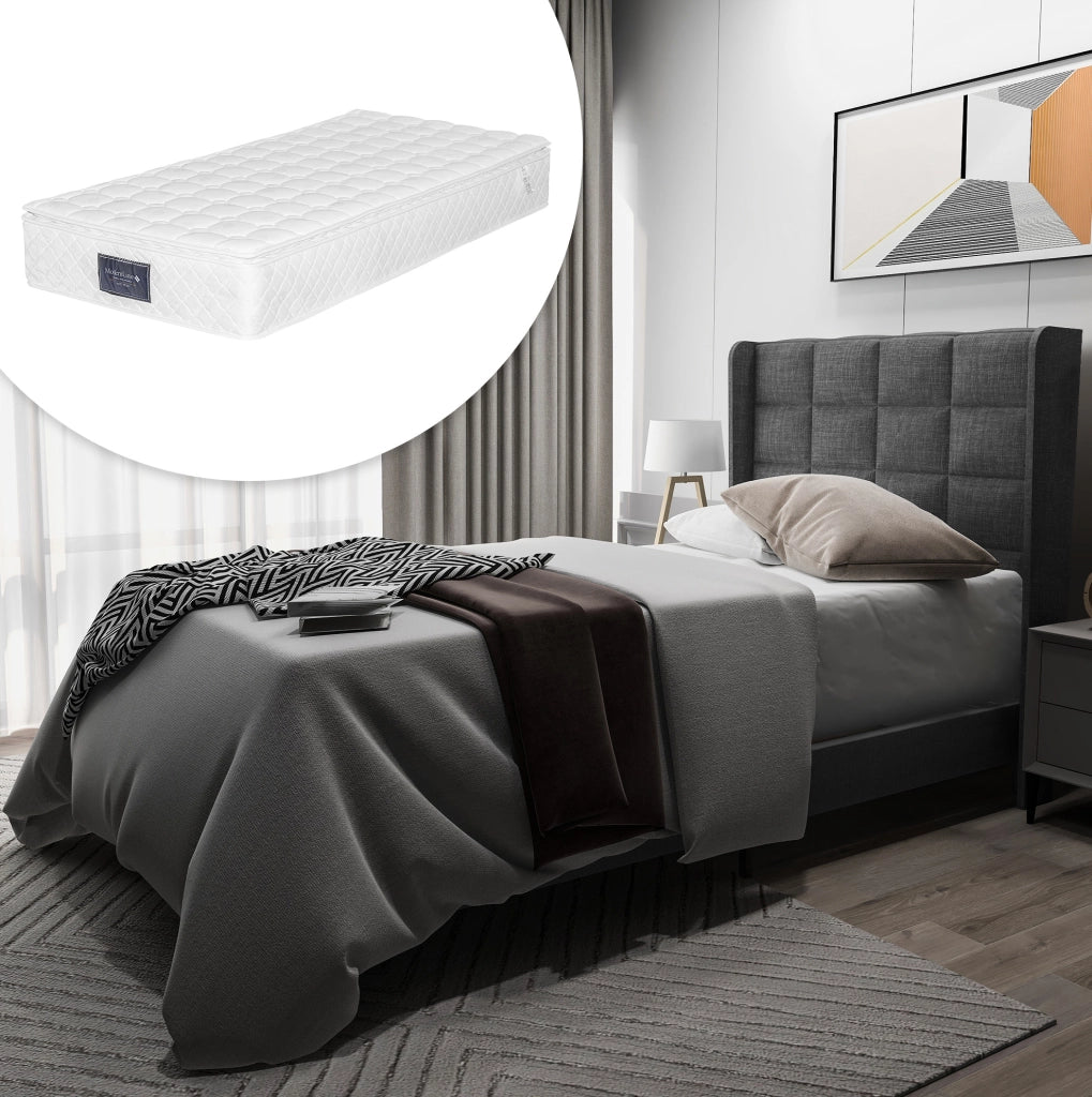 Letto singolo imbottito grigio 90x200 cm con rete a doghe e materasso a molle H3
