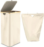 Asciugamano con coperchio 100L, scatola per asciugamani con manico in bambù e tasca interna, asciugamano in bambù, grande capacità, asciugamani, asciugamani pieghevoli per la stanza da bagno, camera da letto, bagno (beige)