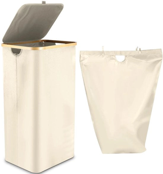 Asciugamano con coperchio 100L, scatola per asciugamani con manico in bambù e tasca interna, asciugamano in bambù, grande capacità, asciugamani, asciugamani pieghevoli per la stanza da bagno, camera da letto, bagno (beige)