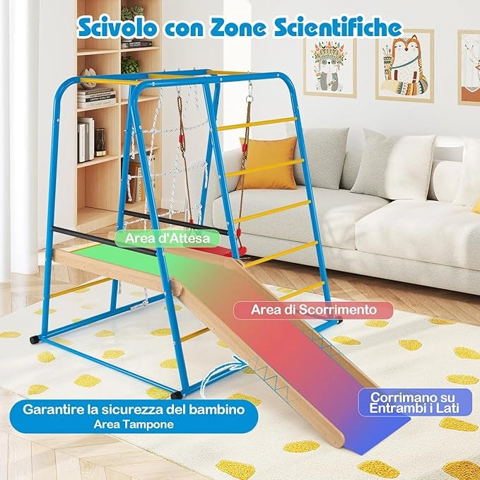 6 in 1 Set da Arrampicata per Bambini, Set Giocattoli di Metallo con Scivolo Altalena Sbarre Scala da Arrampicata e Parete di Corda, Parco Giochi per Bambini 3 Anni+