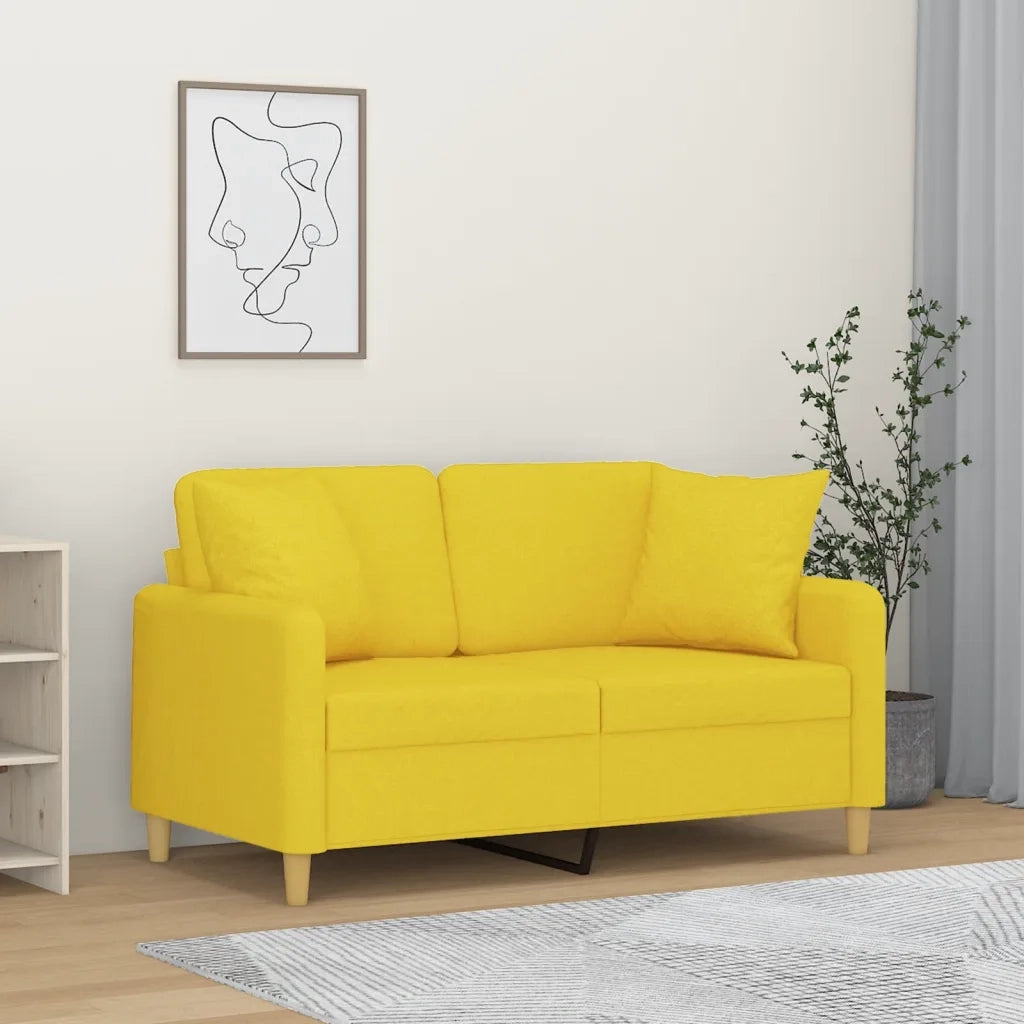 Divano a 2 Posti con Cuscini Giallo Chiaro 120 cm in Tessuto
