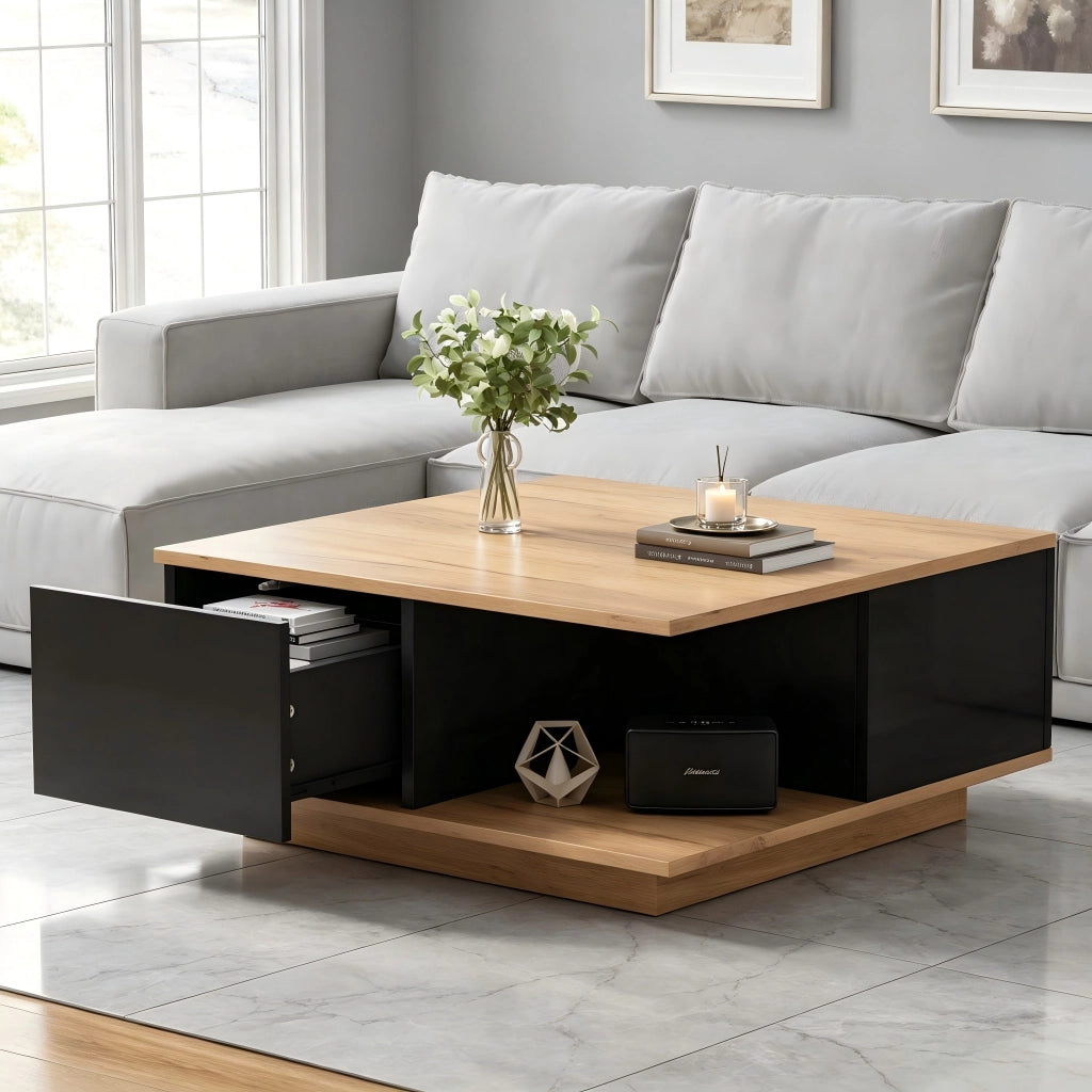 Tavolino basso quadrato con 3 cassetti e vano aperto, finitura lucida, per soggiorno, nero e legno, 70 × 70 × 31,5 cm