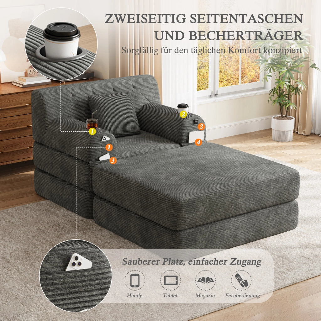 Divano letto in velluto a coste con schienale alto, tasche laterali e portabicchieri, grigio scuro 107 × 162 × 81 cm