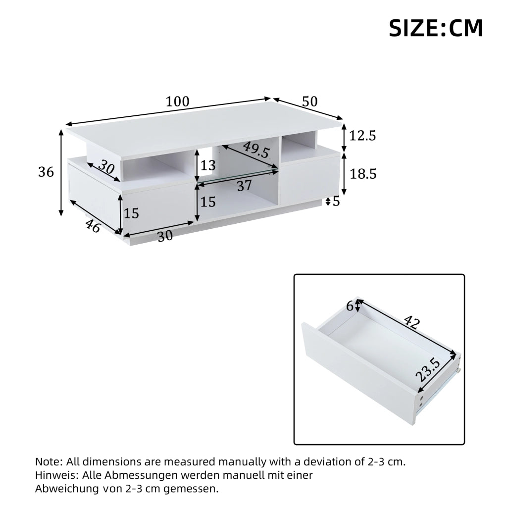 Tavolino basso con 2 cassetti e ripiani in vetro con LED bianco lucido 100 × 50 × 36 cm