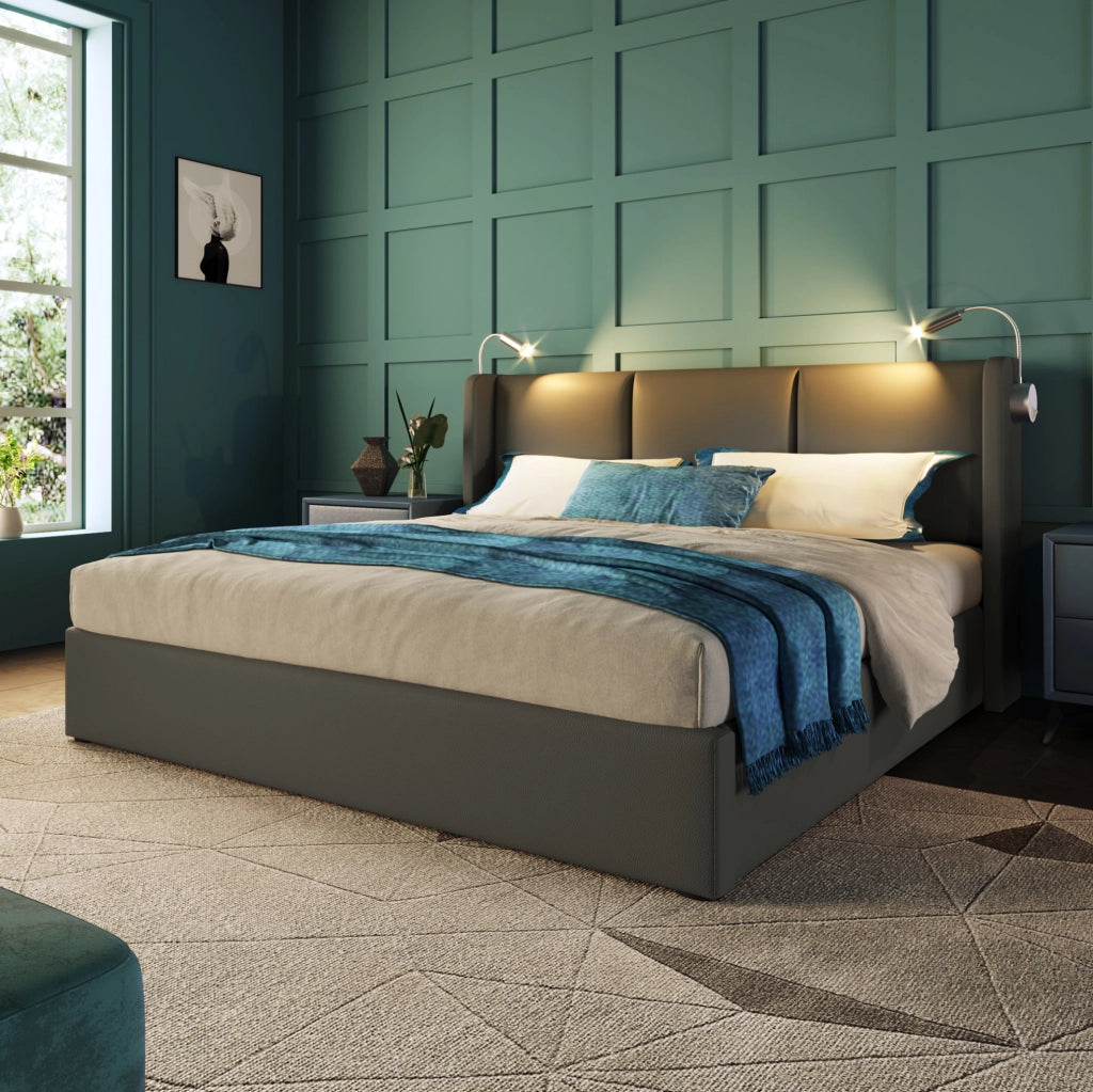 Letto matrimoniale 140x200 cm in PU grigio con contenitore; luce da lettura USB e materasso