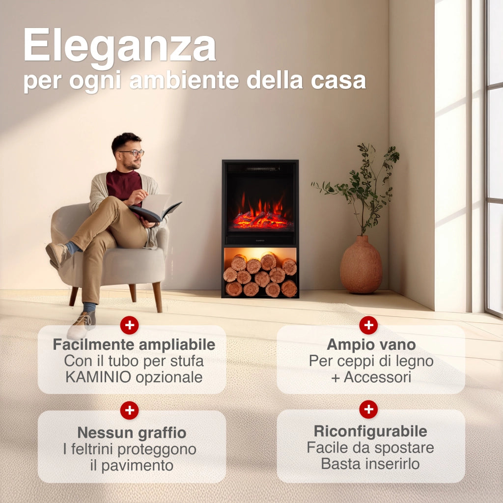KAMINIO Camino elettrico HUGO - Stufa elettrica con riscaldamento, effetto fiamma 3D, luce ambiente a LED, scomparto de legno, telecomando - Nero
