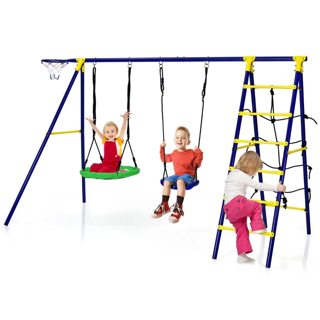 Set altalene e arrampicata da esterno con 2 altalene 1 canestro da basket, Giochi da giardino per bambini-Altalene e dondoli