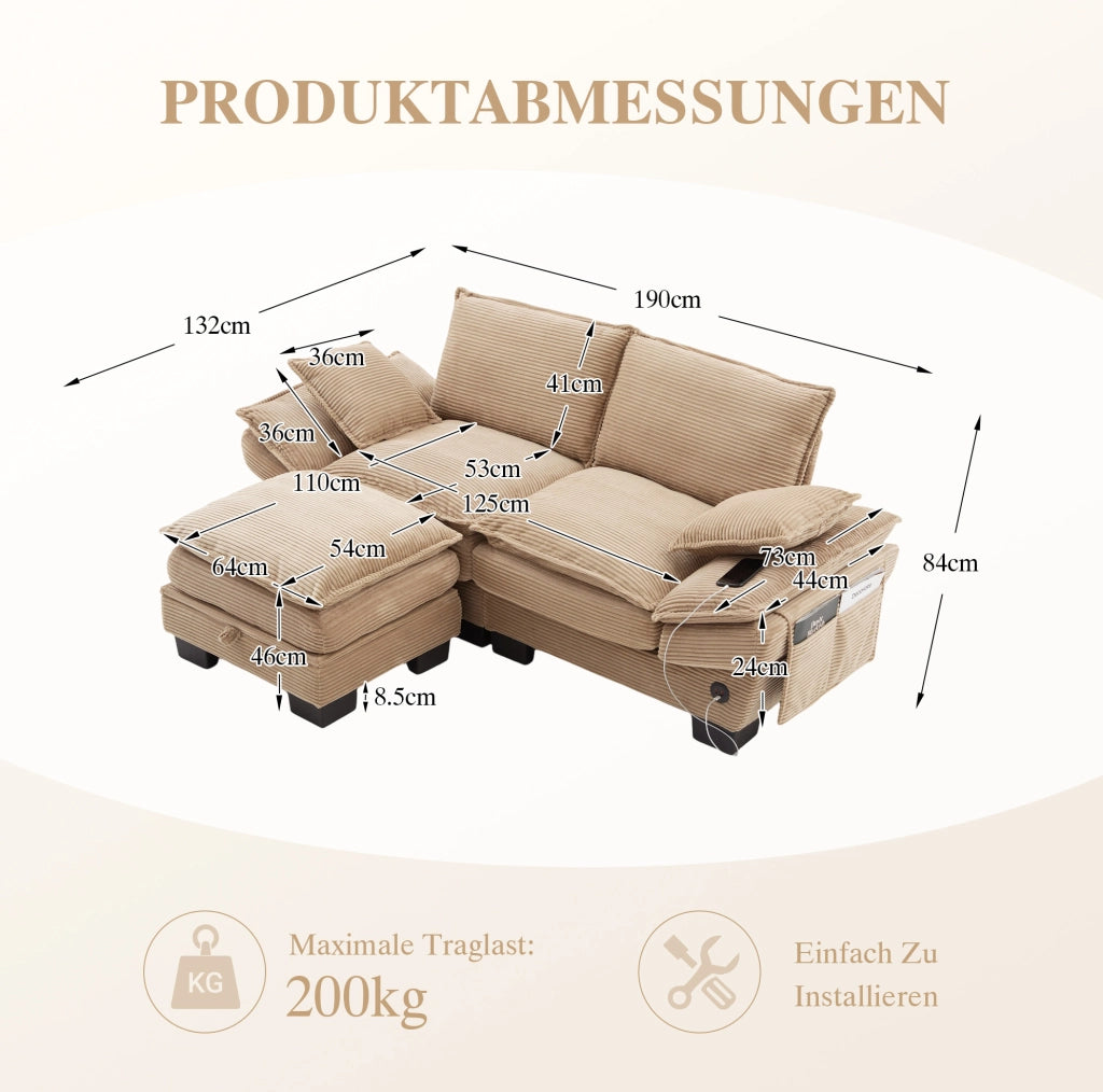 Divano 2 posti con pouf contenitore e USB-C in tessuto a coste khaki 190x132 cm