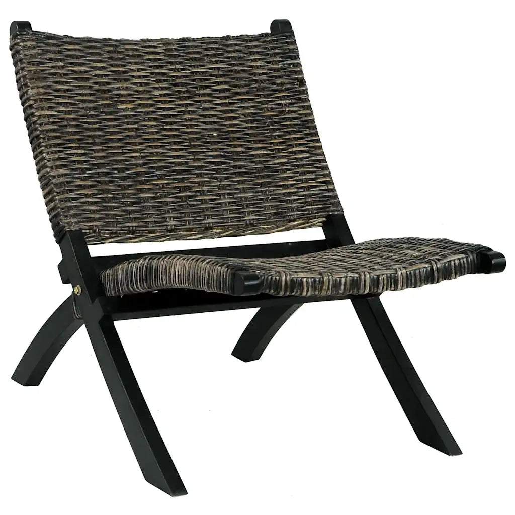 Poltrona | Sedia Relax Nera in Rattan Kubu Naturale e Mogano Massello