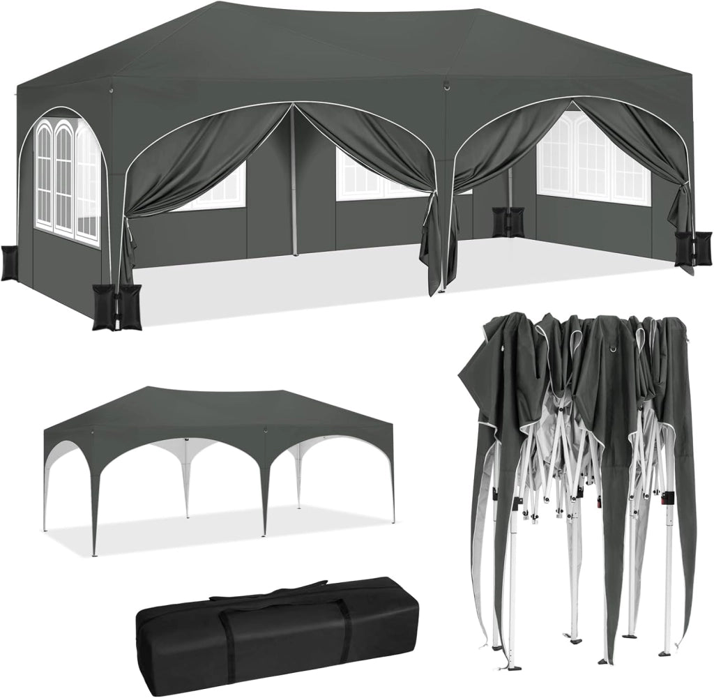 Gazebo Pieghevole da Giardino, Gazebo Idrorepellente Pop Up da 3x6m con Pannelli Laterali, Tendone da Esterno, Altezza Regolabile,Set di 4 Sacchi di Sabbia,con Custodia Beige