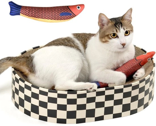 Krabbastia ovale per gatti, letto per gatti in cartone ondulato, area di relax per gatti per giocare e riposare, compleanni e festività (krabbastie e giocattoli da pesca)