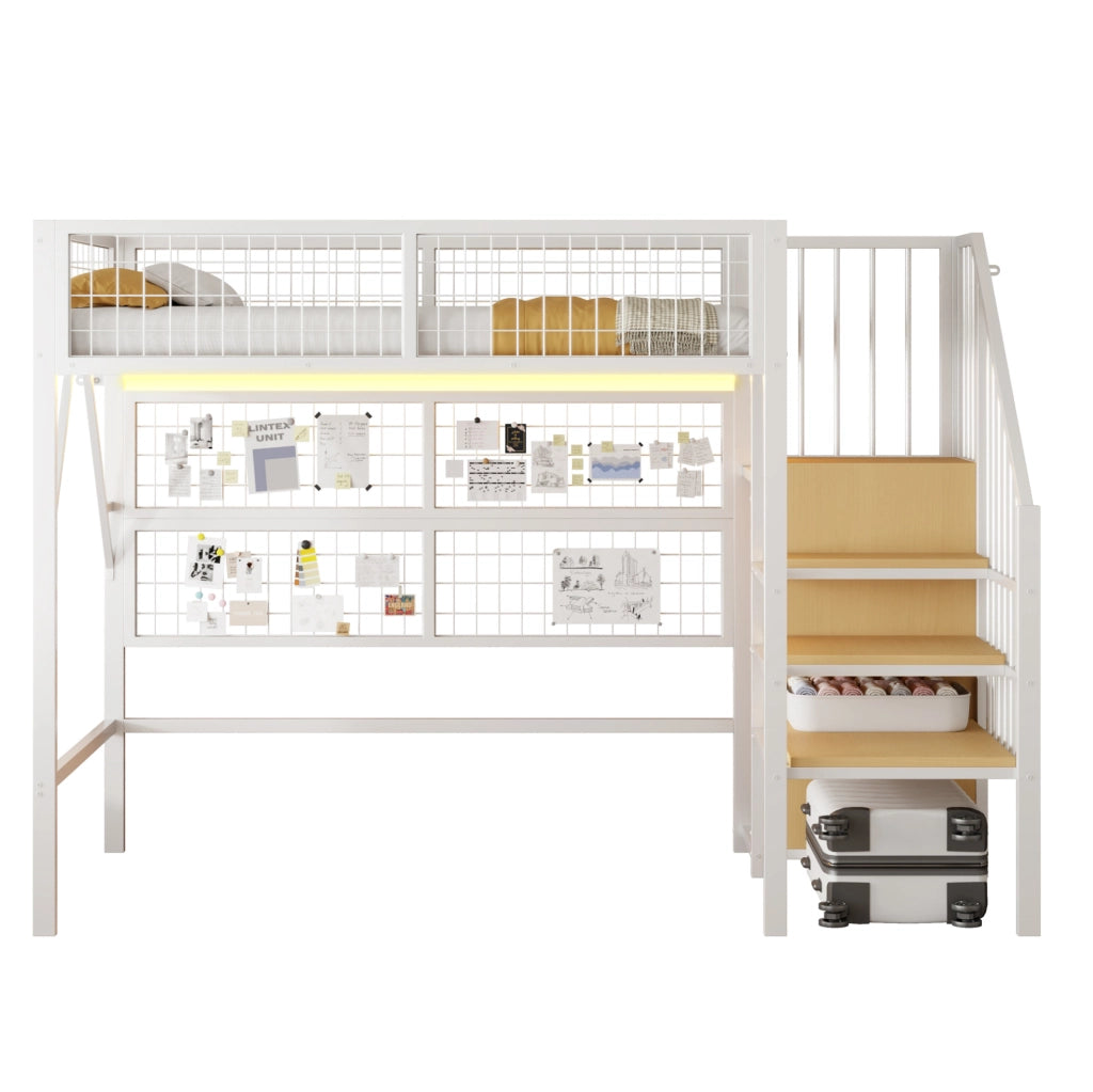 Letto a soppalco 90x200 cm in metallo con LED APP; scala con vano contenitore; bianco