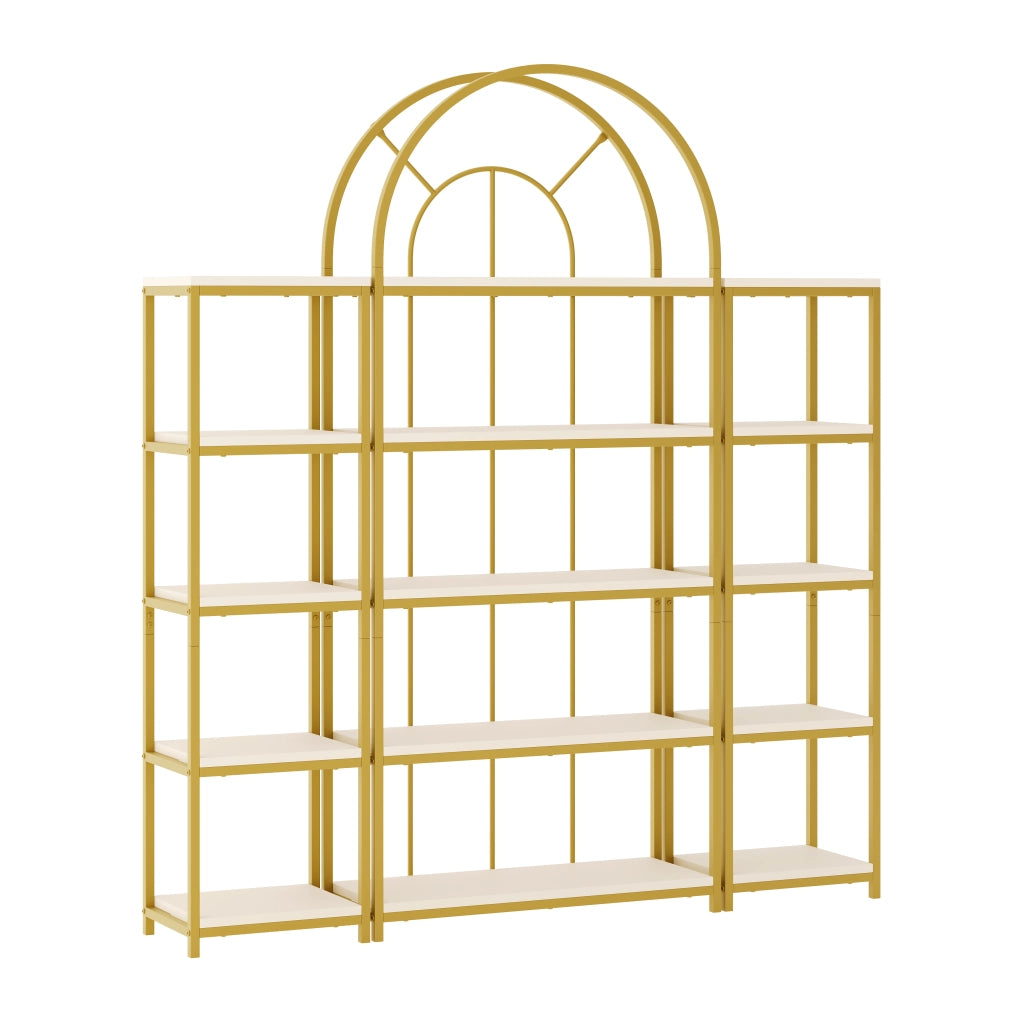 Scaffale modulare 3 pezzi 163×30×184 cm, struttura in metallo oro e MDF bianco, design ad arco