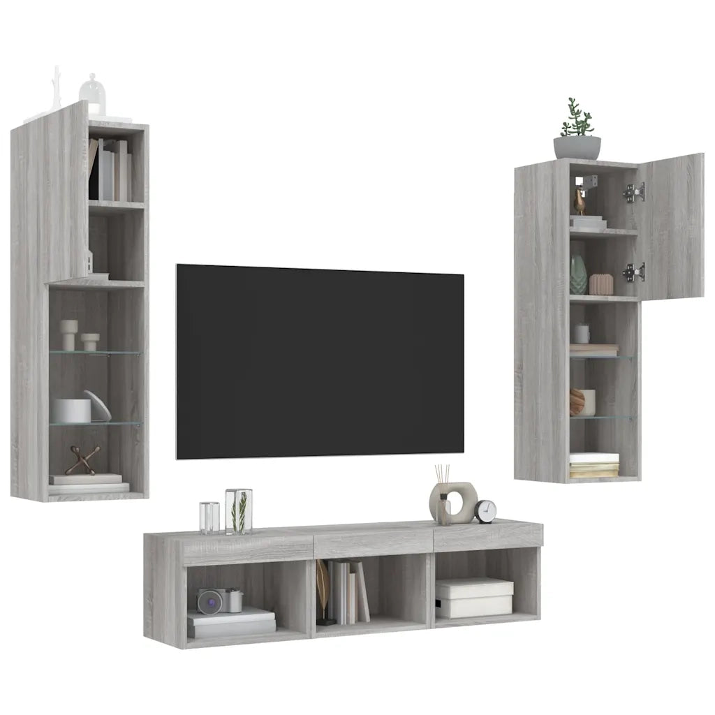 Mobili TV a Muro con LED 5pz Grigio Sonoma in Legno Multistrato