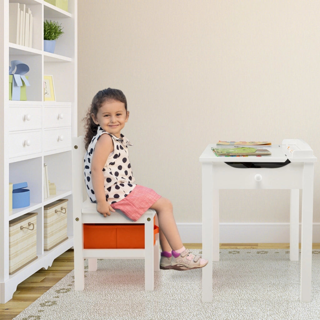 Set tavolo e sedia per bambini in legno massello, Scrivania ribaltabile con sedia per stanza giochi asilo Bianco-Tavoli e sedie