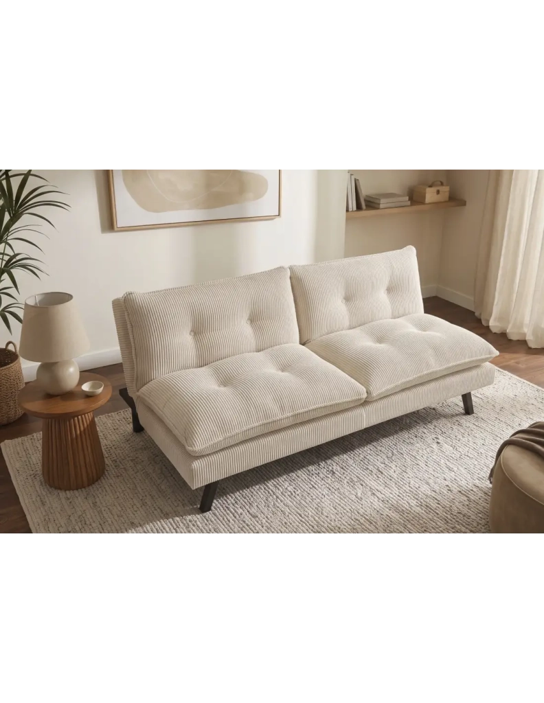 Divano letto AZENA 3 posti in tessuto a coste – Beige chiaro e nero – 190 x 80 x 90 cm