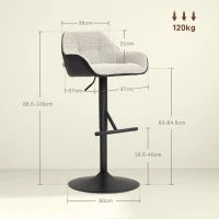 Set 2 Sgabelli Imbottiti ad Altezza Regolabile con Schienale e Braccioli, 52.5x53x86.5-108 cm, Nero Grigio Chiaro