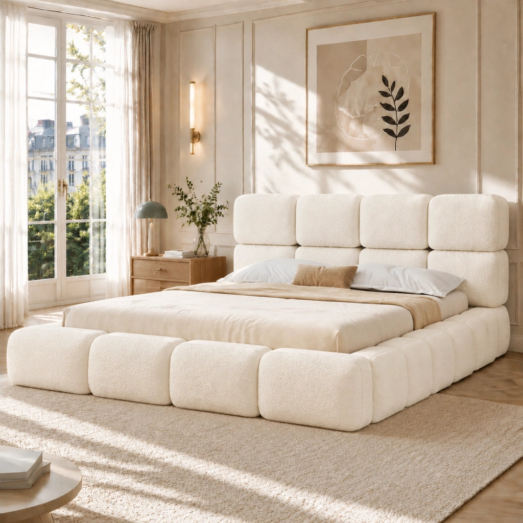 Letto Matrimoniale 180x200 cm; Testiera Imbottita; Bouclé Bianco