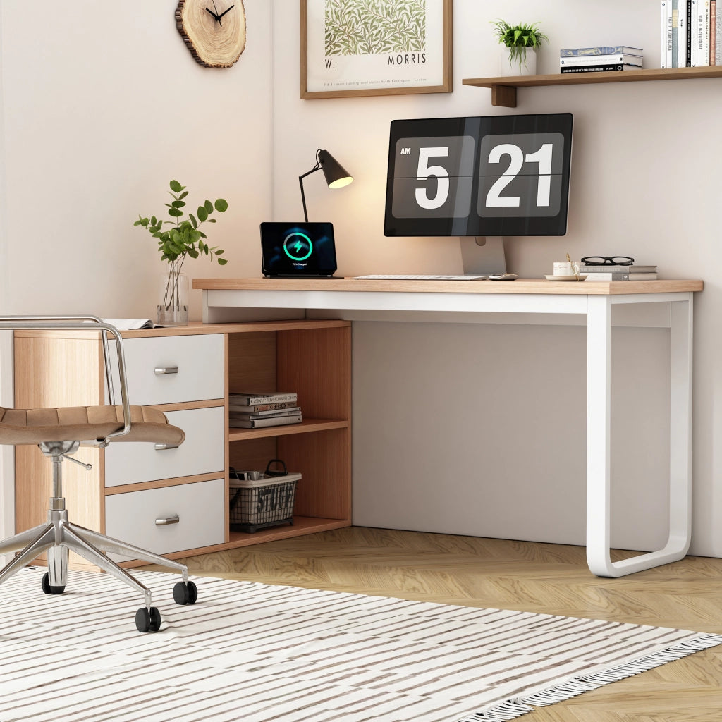 Scrivania lineare con 3 cassetti e 2 vani aperti, struttura in MDF e metallo, finitura naturale e bianco per ufficio
