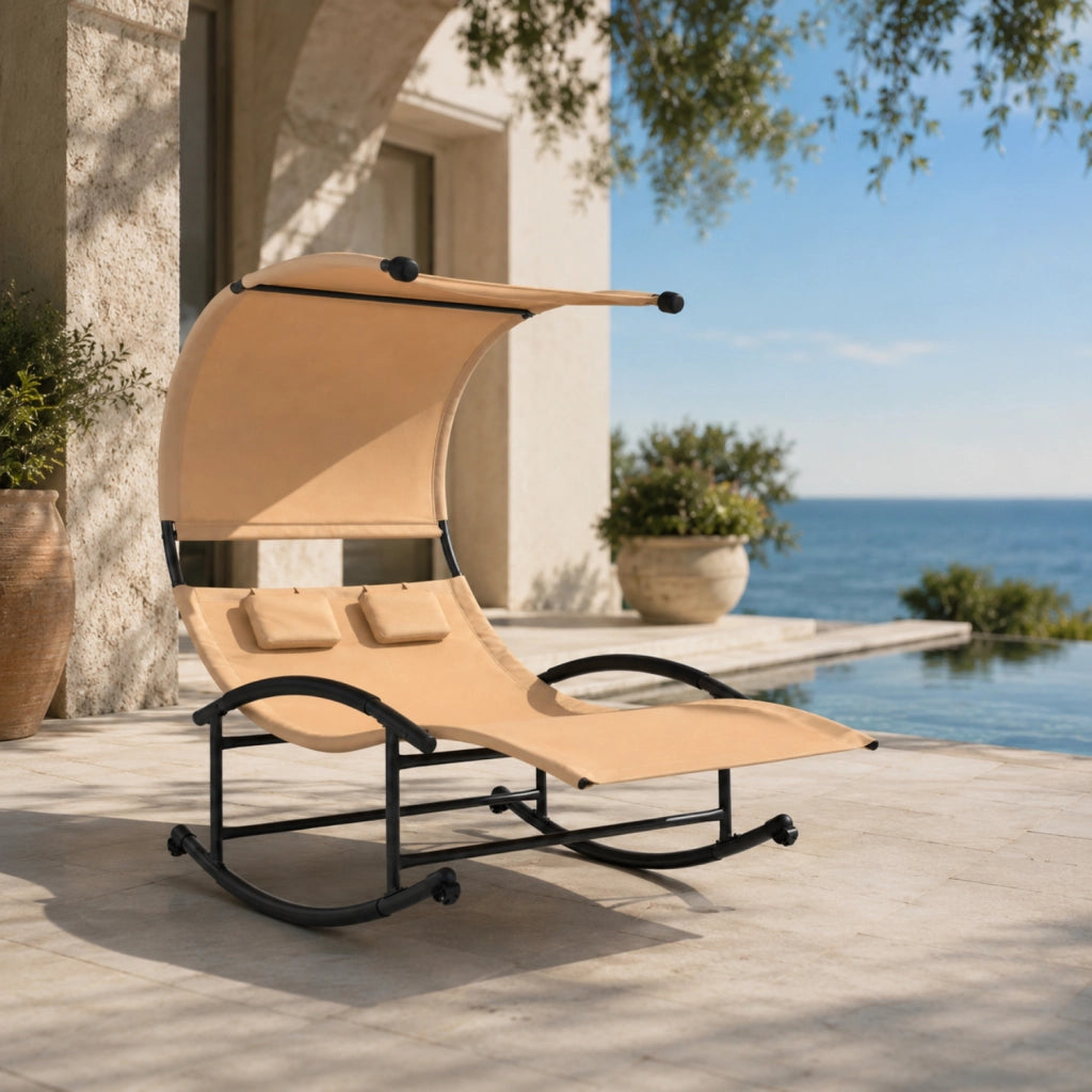 Lettino 2 Posti Dondolo Con Parasole Integrato Ideale Per Giardino Piscina Outdoor Design Ergonomico In Textilene Traspirante Struttura In Acciaio E Cuscini Inclusi 140x200x185 Cm Beige