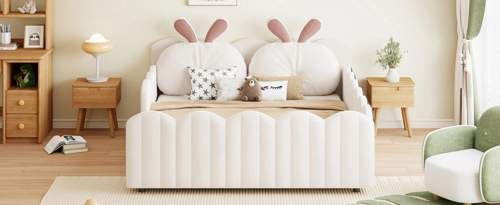 Letto imbottito con cuscino a coniglio, 140x200 cm, beige