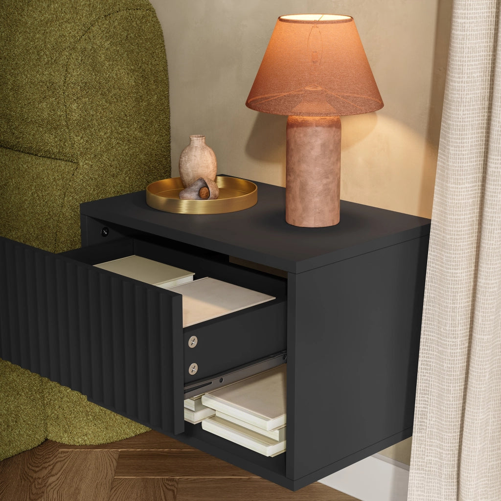 Set di 2 Comodini Sospesi da Parete Nand con Cassetto e Scomparto 42x30x30 cm Nero [en.casa]