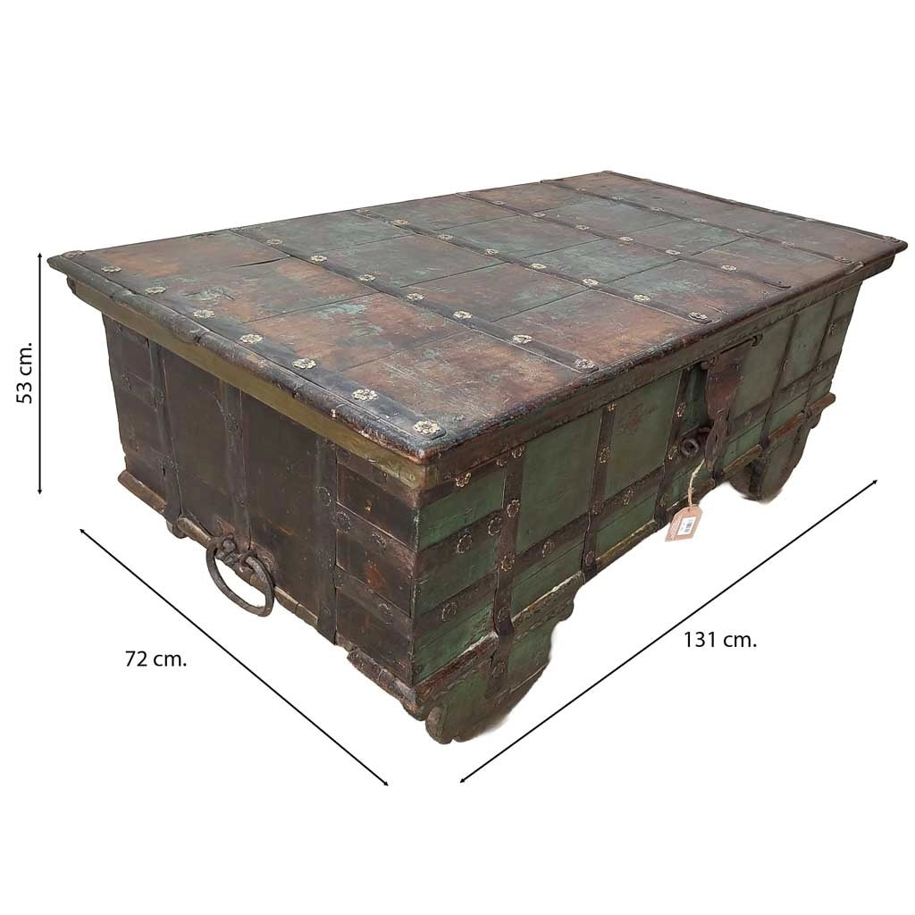Tavolo contenitore in legno con finitura artigianale marrone, 131x72x53h cm