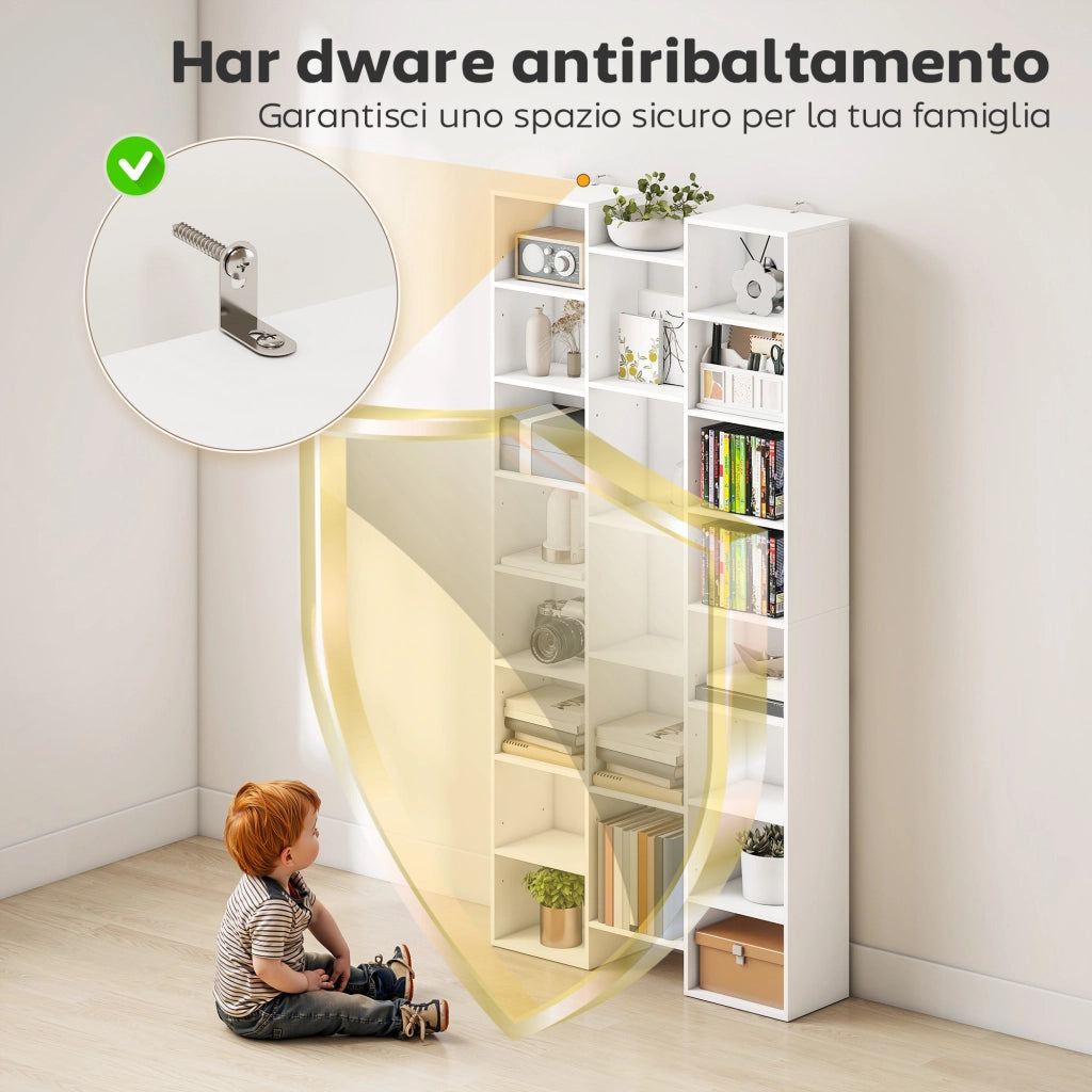 Libreria Moderna in Legno Alta 181 cm con 21 Scomparti e 10 Ripiani Regolabili, Bianco