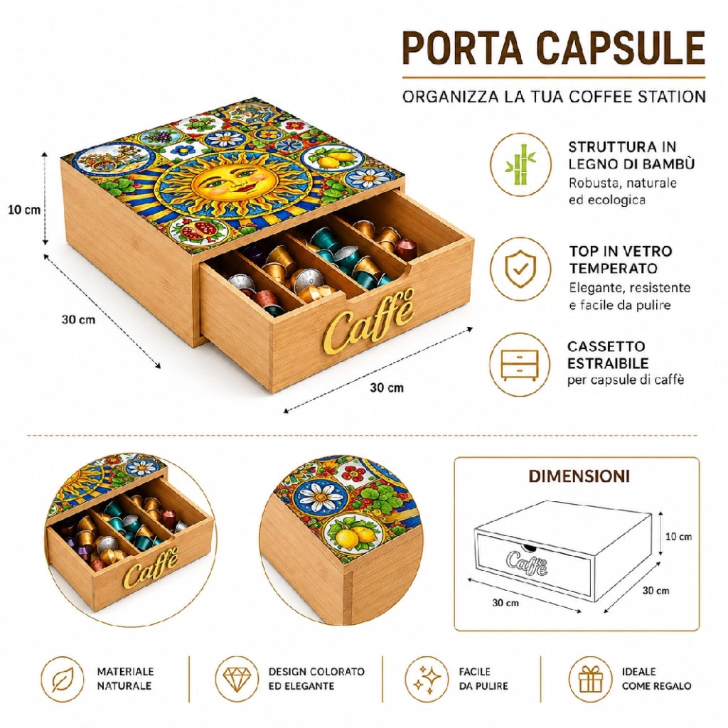 Porta Capsule e Cialde in Bambù con Cassetto e Piano in Vetro Temperato 30x30 cm
