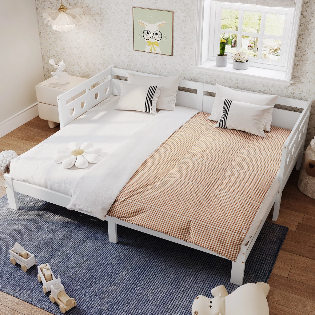 OKWISH Letto estraibile 90×200 cm, Letto Singolo allungabile, Cuore, rete con ruote, senza Materasso, in Legno, Bianco
