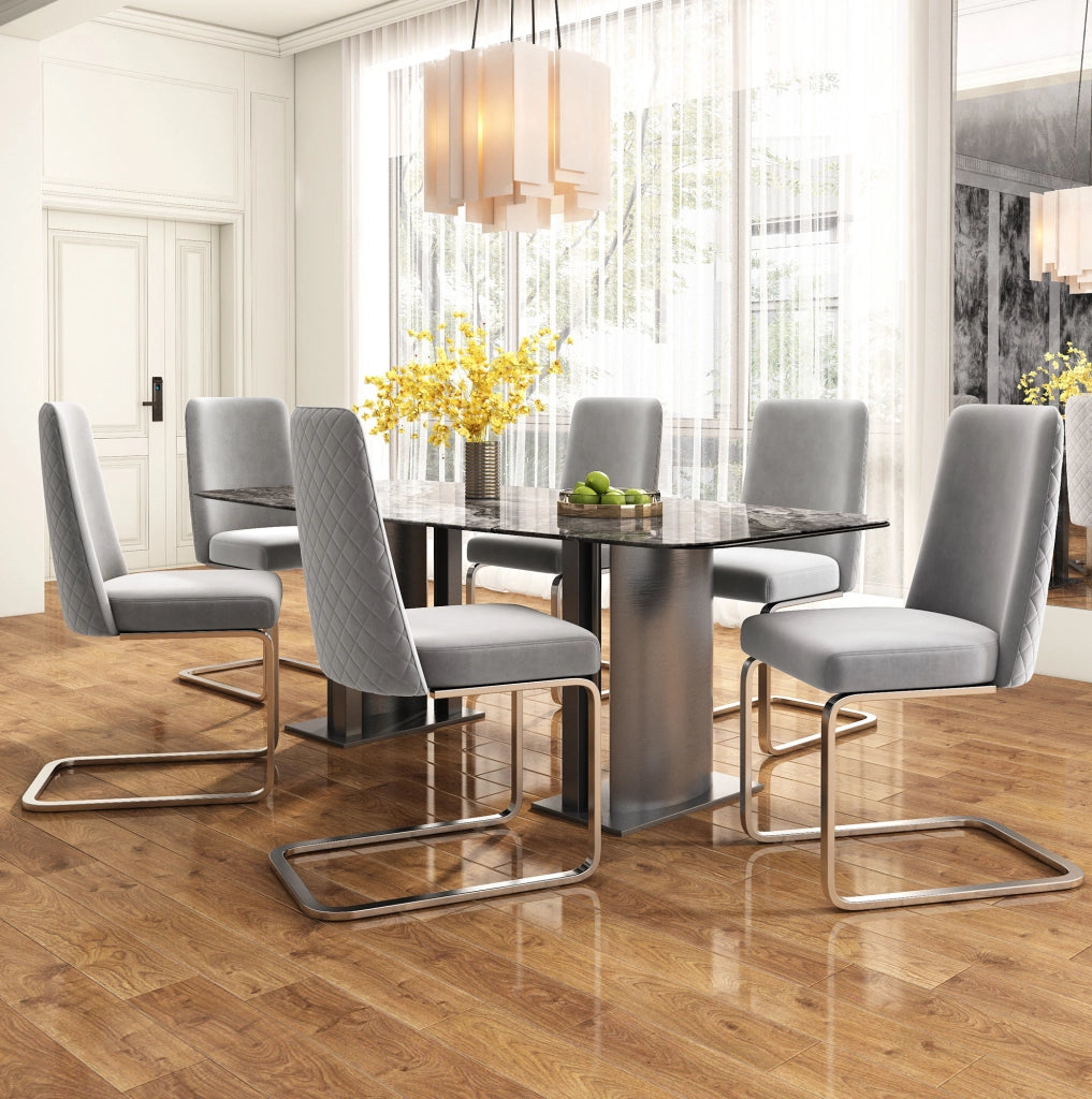 Set di 6 sedie da pranzo con schienale a rombi in velluto grigio e argento