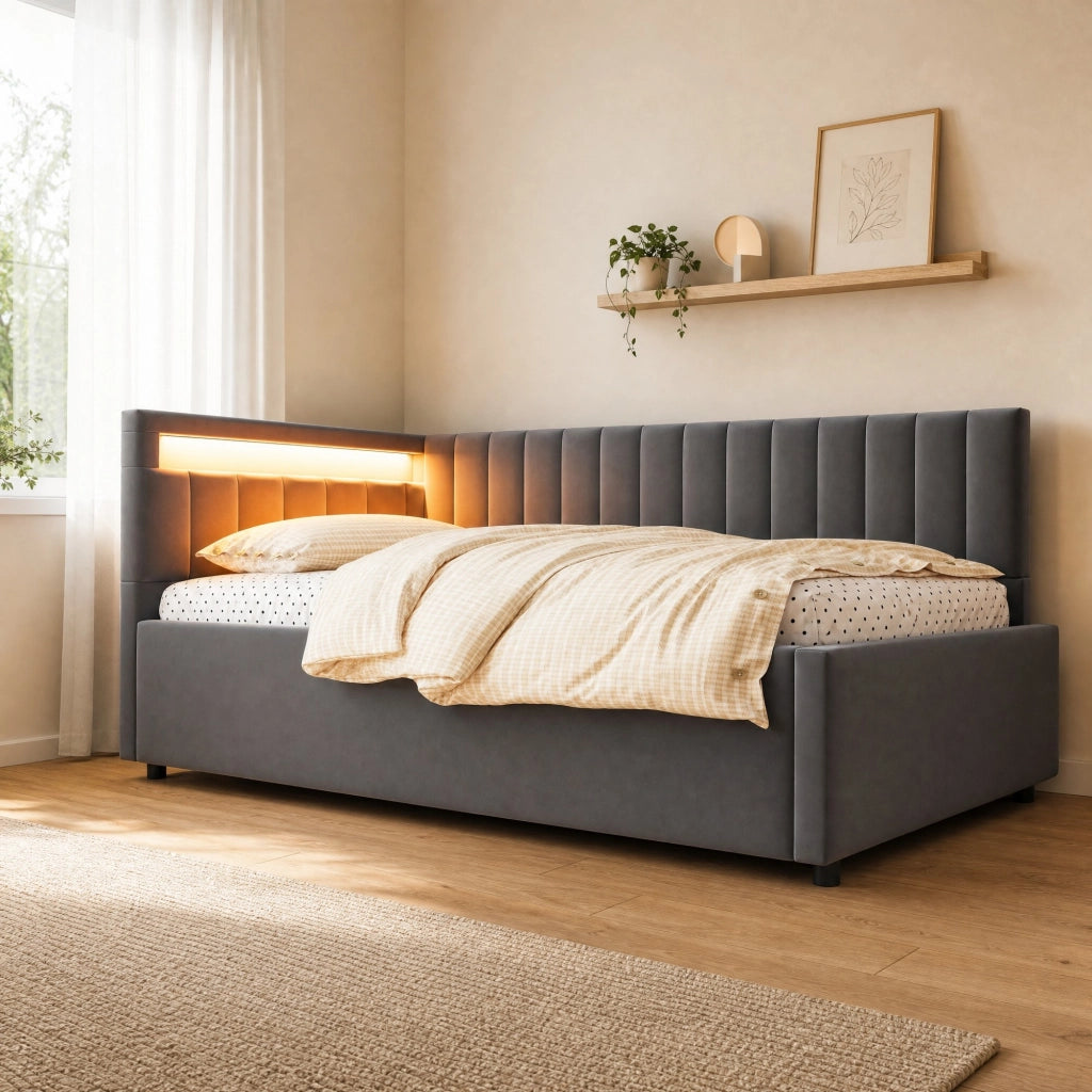 Letto imbottito 90x200 con LED, vano contenitore e rete a doghe