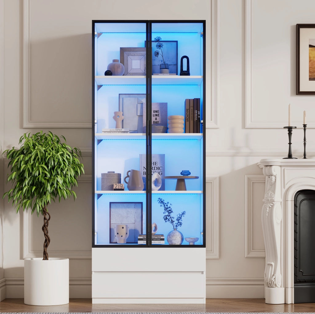 Vetrina 80x34x200 cm con LED controllabile da app e 2 cassetti bianca